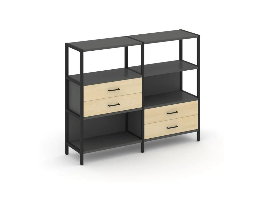 Двухсекционный стеллаж трехярусный с ящиками на двух ярусах 1590х400х1246 Шелф Систем / Shelf System