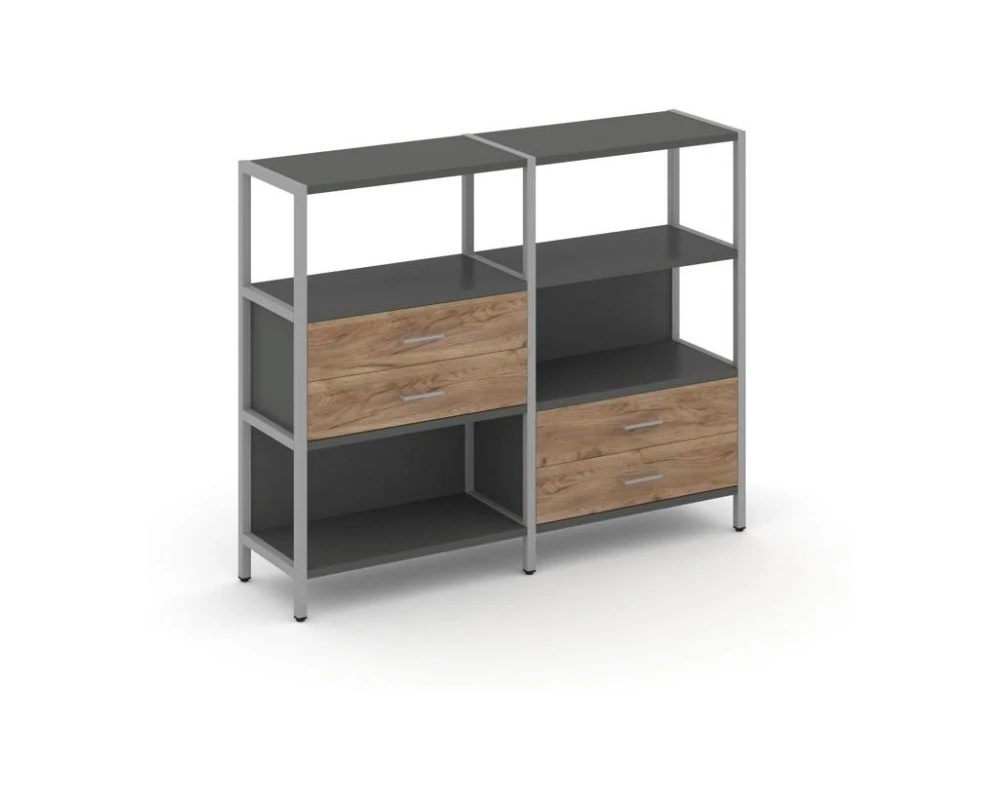Двухсекционный стеллаж трехярусный с ящиками на двух ярусах 1590х400х1246 Шелф Систем / Shelf System