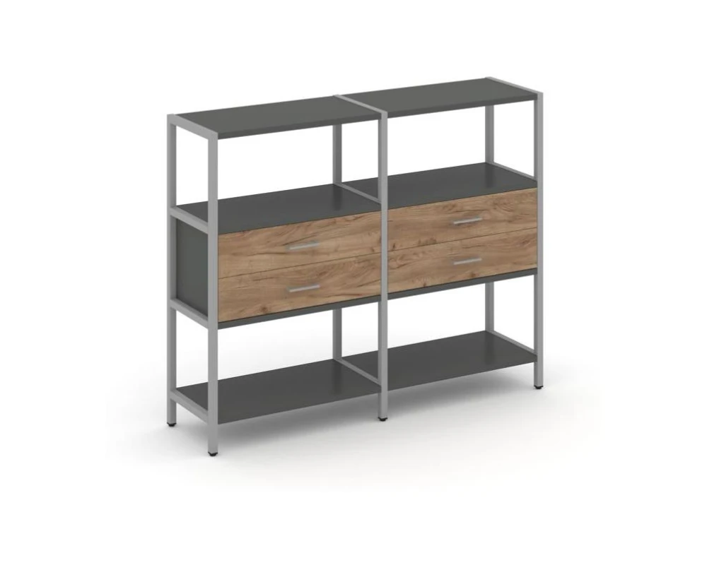 Двухсекционный стеллаж трехярусный с ящиками на одном ярусе 1590х400х1246 Шелф Систем / Shelf System