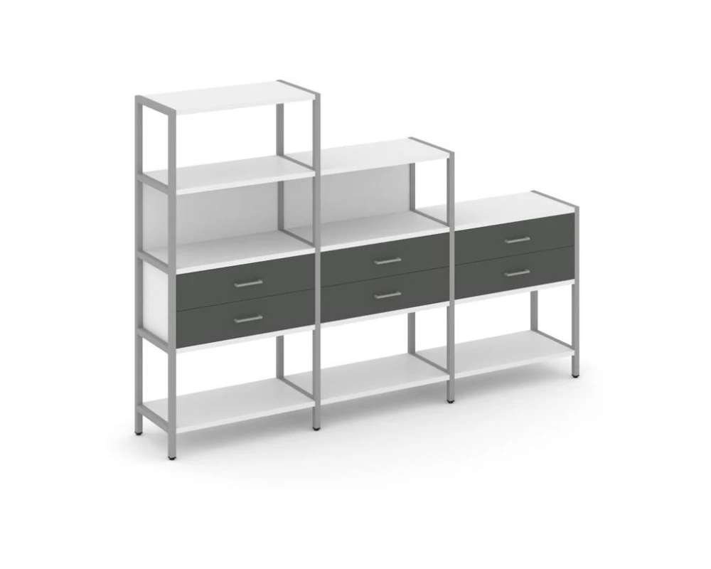 Трехсекционный стеллаж четырех/трех/двухярусный с ящиками 2730х400х1613 Шелф Систем / Shelf System