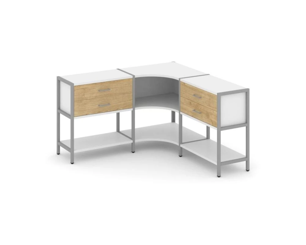 Трехсекционный угловой стеллаж двухярусный с ящиками 1590х1590х879 Шелф Систем / Shelf System