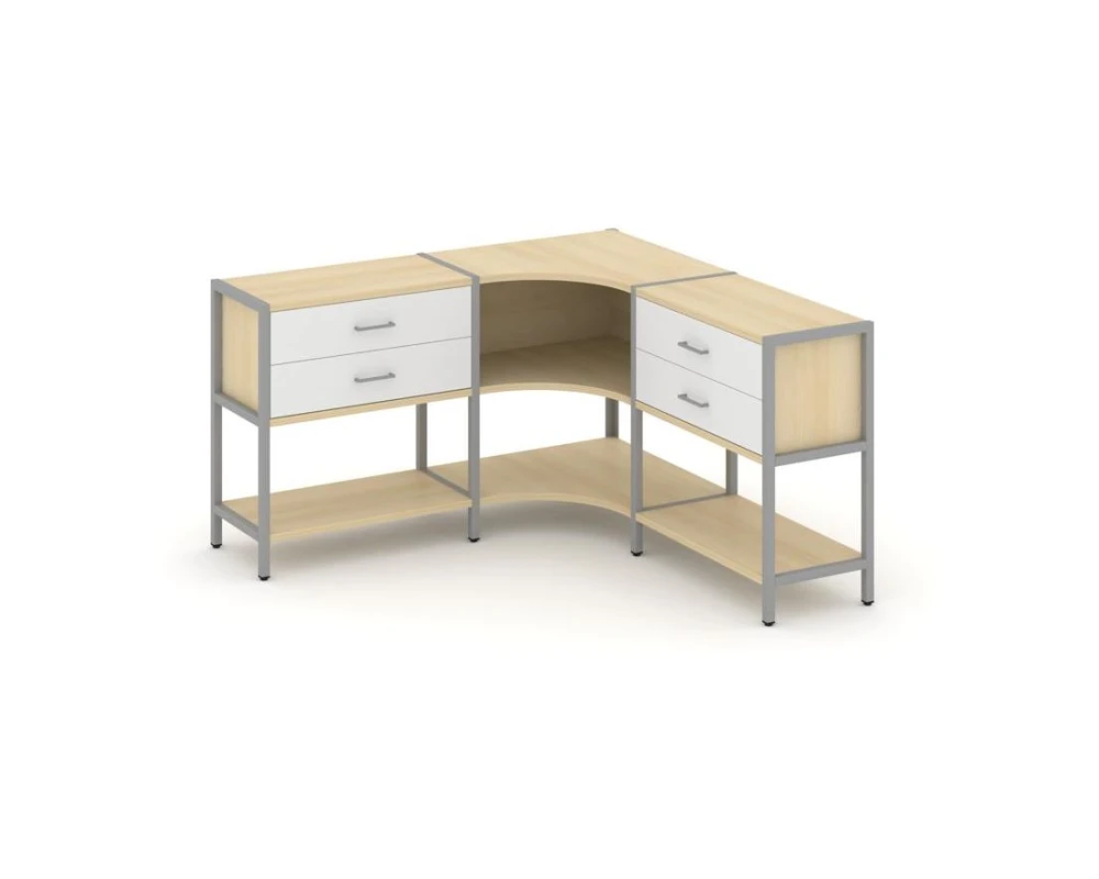 Трехсекционный угловой стеллаж двухярусный с ящиками 1590х1590х879 Шелф Систем / Shelf System