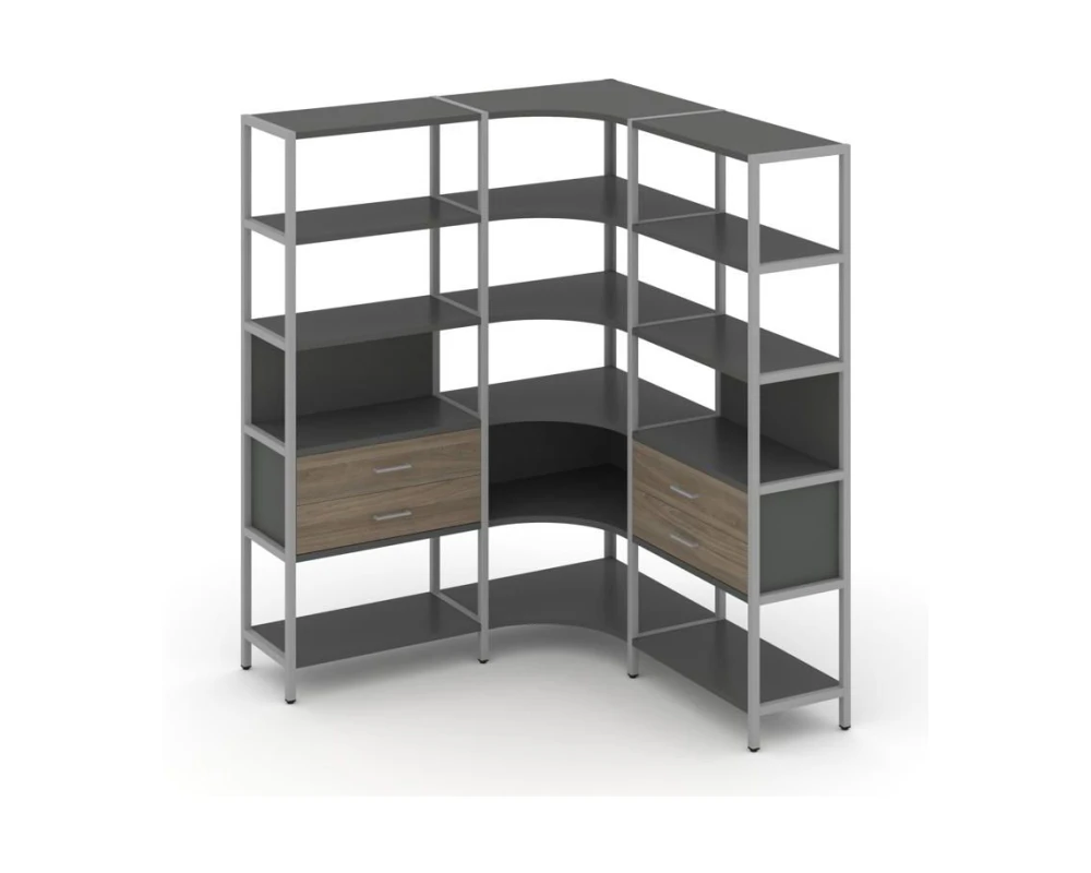 Трехсекционный угловой стеллаж пятиярусный с ящиками 1590х1590х1980 Шелф Систем / Shelf System