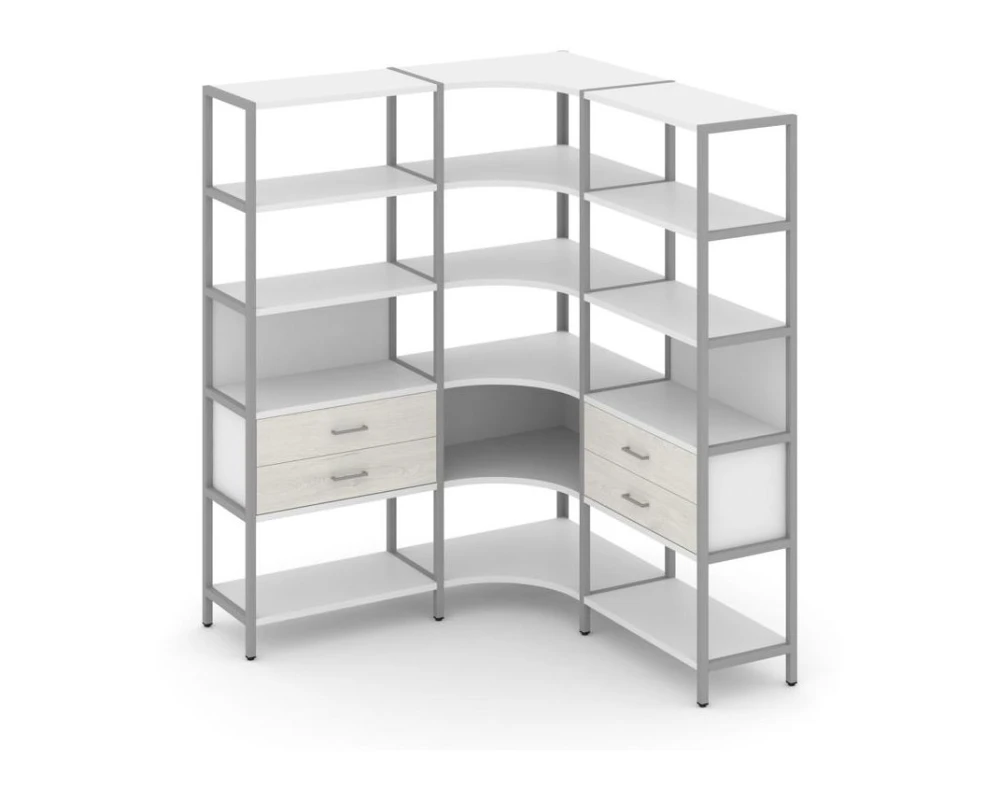 Трехсекционный угловой стеллаж пятиярусный с ящиками 1590х1590х1980 Шелф Систем / Shelf System