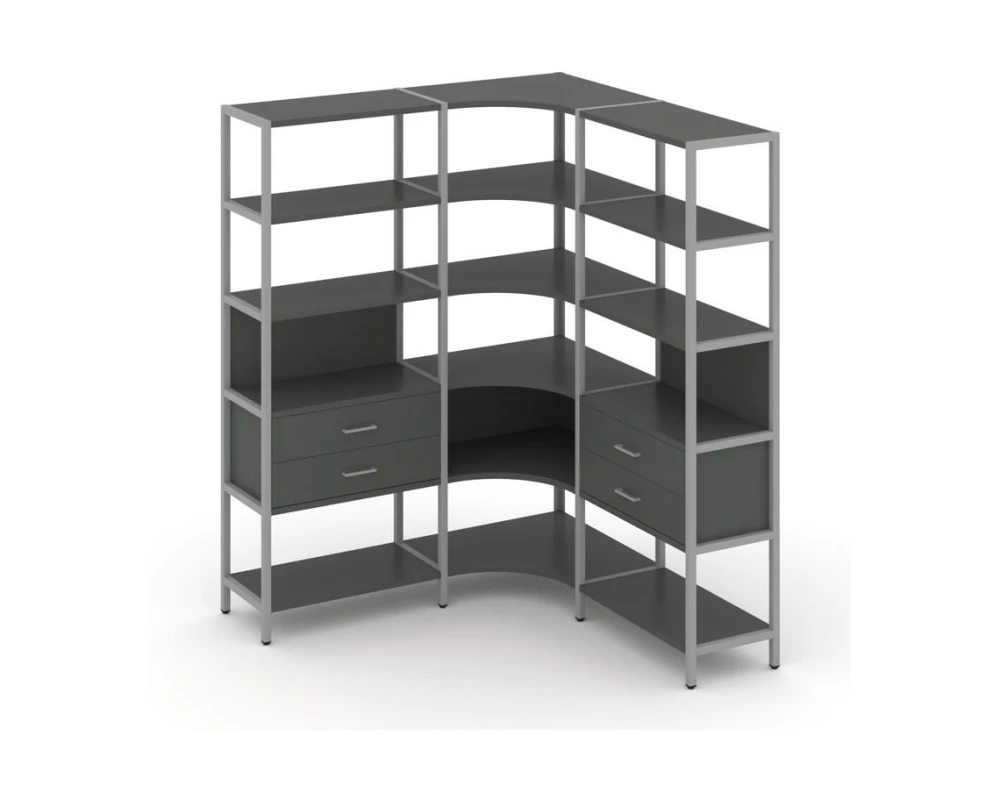 Трехсекционный угловой стеллаж пятиярусный с ящиками 1590х1590х1980 Шелф Систем / Shelf System