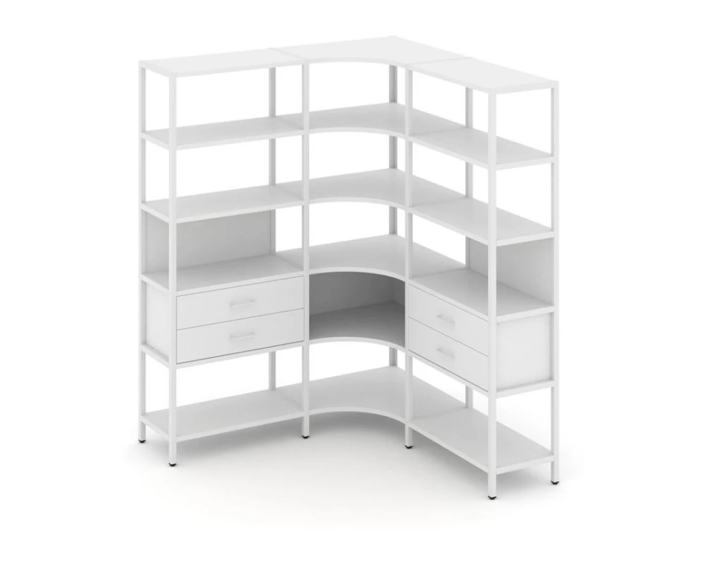 Трехсекционный угловой стеллаж пятиярусный с ящиками 1590х1590х1980 Шелф Систем / Shelf System