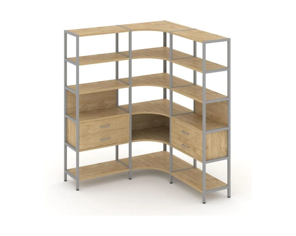 Трехсекционный угловой стеллаж пятиярусный с ящиками 1590х1590х1980 Шелф Систем / Shelf System