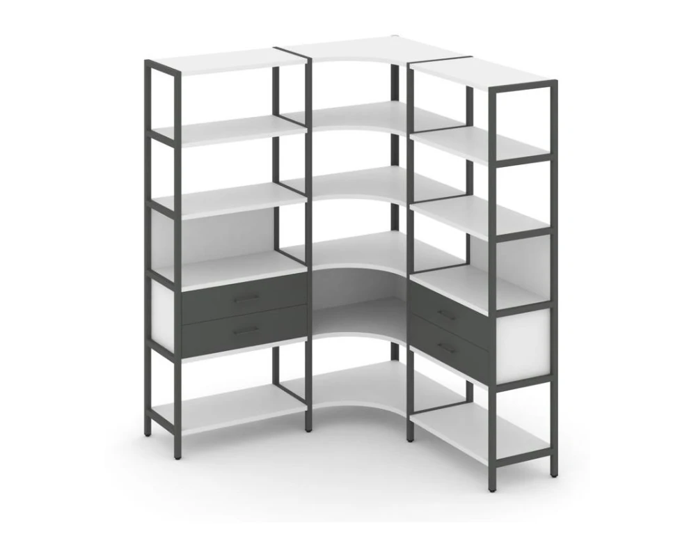 Трехсекционный угловой стеллаж пятиярусный с ящиками 1590х1590х1980 Шелф Систем / Shelf System