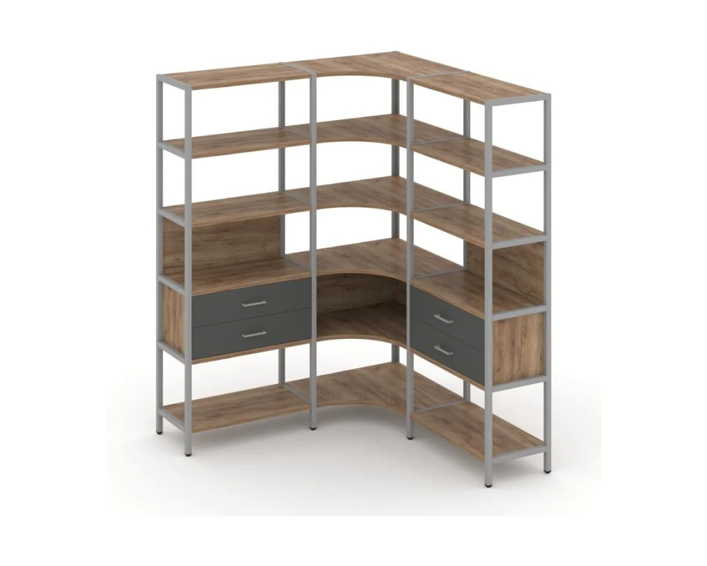 Трехсекционный угловой стеллаж пятиярусный с ящиками 1590х1590х1980 Шелф Систем / Shelf System