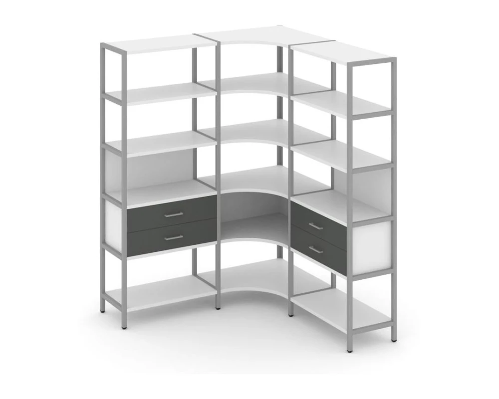 Трехсекционный угловой стеллаж пятиярусный с ящиками 1590х1590х1980 Шелф Систем / Shelf System
