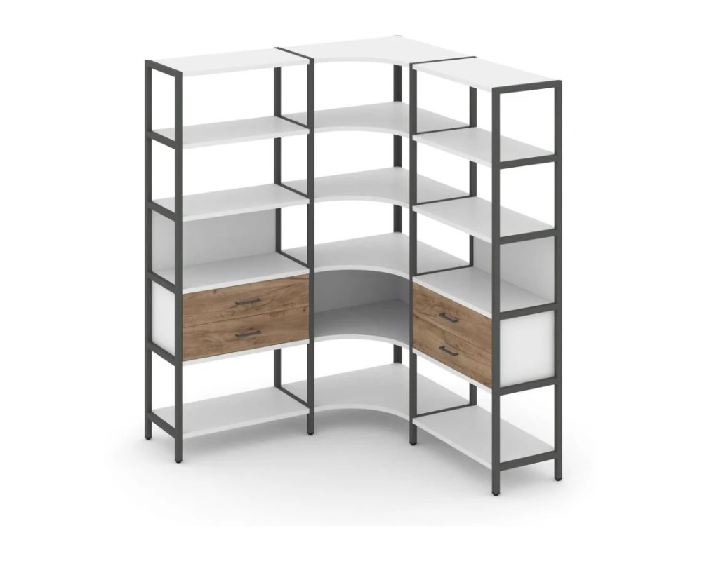 Трехсекционный угловой стеллаж пятиярусный с ящиками 1590х1590х1980 Шелф Систем / Shelf System