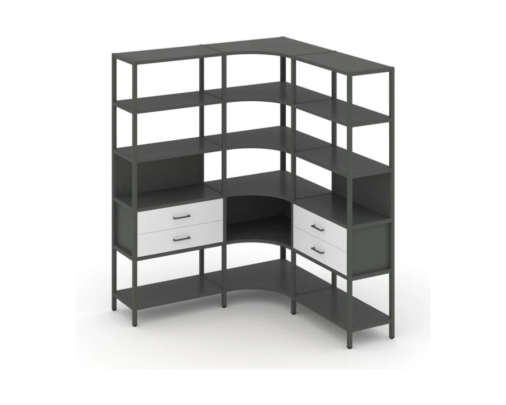 Трехсекционный угловой стеллаж пятиярусный с ящиками 1590х1590х1980 Шелф Систем / Shelf System