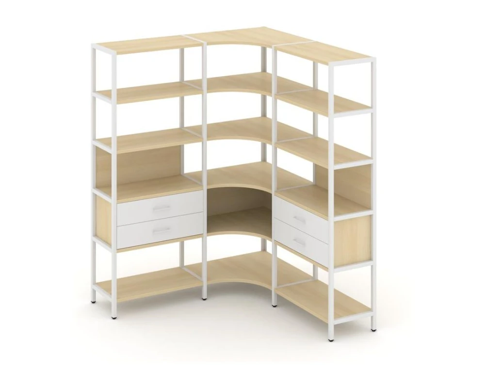 Трехсекционный угловой стеллаж пятиярусный с ящиками 1590х1590х1980 Шелф Систем / Shelf System