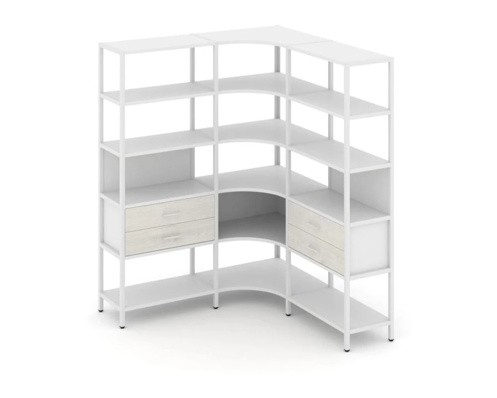 Трехсекционный угловой стеллаж пятиярусный с ящиками 1590х1590х1980 Шелф Систем / Shelf System