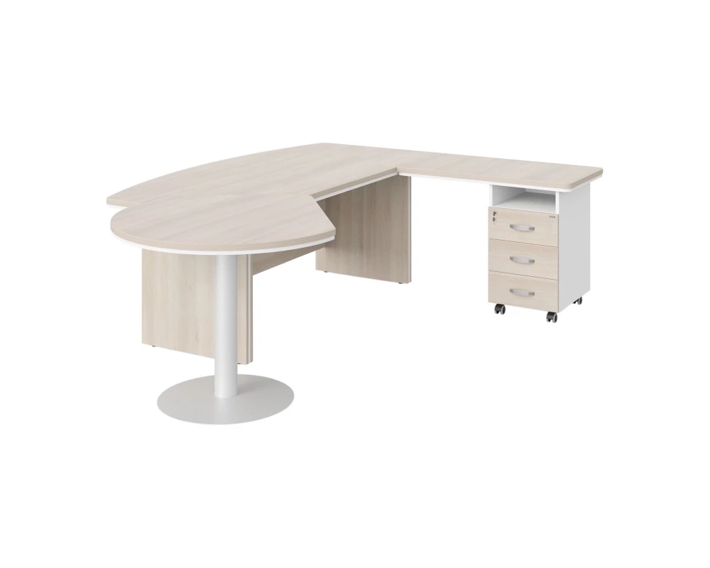 Стол руководителя угловой с брифингом и приставной тумбой R 235х205х76 Berlin Director Акация светлая/Белый премиум