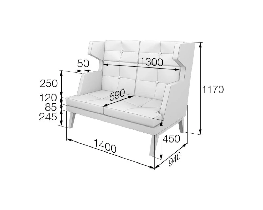 Диван 2-местный высокий Bev2H Беверли MVK